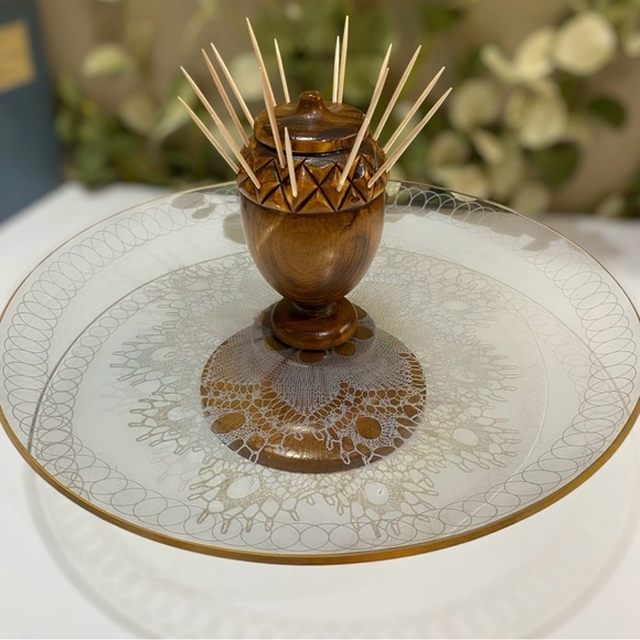 Vintage Mid Century Appetizer Pedistal Serving Tray Glass Wood Toothpick Holder